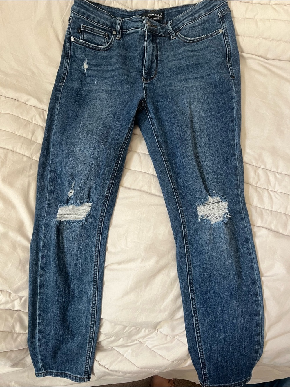 Judy Blue Distressed Boyfriend Jeans - Medium Blue Wash